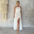 Maxi Sukienka Boho Chic Muslinowa, Bawełna, White, Dekolt Halter