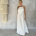 Maxi Sukienka Boho Chic Muslinowa, Bawełna, Biała, Marella, Dekolt Halter