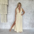 Sukienka Maxi Boho Chic, Bezowa, Wiazana, Muślinowa