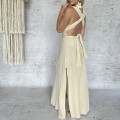 Sukienka Maxi Boho Chic, Bezowa, Wiazana, Muślinowa, LILLYAN