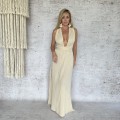 Sukienka Maxi Boho Chic, Bezowa, Wiazana, Muślinowa
