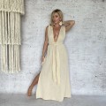 Bezowa Sukienka Maxi Boho Chic, Wiazana, Muślinowa
