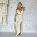 Boho Maxi Sukienka, Rozkloszowana, Kieszenie, Bezowa, Muslin, Bawełna