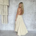 Boho Maxi Sukienka, Rozkloszowana, Kieszenie, Bezowa, Muslin, Bawełna