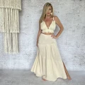 Boho Maxi Sukienka, Bezowa, Muslin, Bawełna