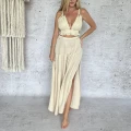 Muslinowa Bawełniana Boho Maxi Sukienka, Bezowa