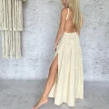 Bawełniana Boho Maxi Sukienka, Bezowa, Muslin