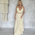 Boho Maxi Sukienka, Rozkloszowana, Kieszenie, Bezowa, Muslin, Bawełna
