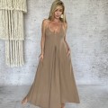 Boho Chic Maxi Sukienka, Rozkloszowana, Kieszenie, Pralina, Muslin, Bawełna