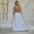 Biała Muślinowa Maxi Boho Sukienka, Muślin Bambusowy, Boho Chic, Kieszenie, Sensu