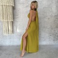 Maxi Boho Sukienka Wiazana, Zlota Oliwka, Muslin, Bawelna