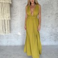 Maxi Boho Sukienka Wiazana, Zlota Oliwka, Muslin, Bawelna