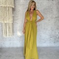 Maxi Boho Sukienka Wiazana, Zlota Oliwka, Muslin, Bawelna