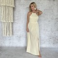 Maxi Sukienka Boho Muslinowa, Bawełna, Bezowa, Marella, Dekolt Halter