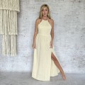 Maxi Sukienka Boho Chic Muslinowa, Bawełna, Bezowa, Marella, Dekolt Halter