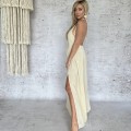 Maxi Sukienka Boho Chic Muslinowa, Bawełna, Bezowa, Marella, Dekolt Halter