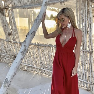Boho Chic - maxi Sukienka Flavia - Malinowa Czerwona - gołe plecy 
