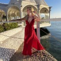 bawełna Flavia  zwiewna  romantyczna lekka  maxi  long czerwona malinowa boho bohochic Letnia sukienka  modaboho Modna sukienka muslin Na plażę     na urlop Gołe plecy wiązana kobieca wygodna