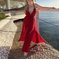 bawełna Flavia  zwiewna  romantyczna lekka  maxi  long czerwona malinowa boho bohochic Letnia sukienka  modaboho Modna sukienka muslin Na plażę     na urlop Gołe plecy wiązana kobieca wygodna
