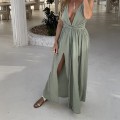 Arina, miętowa  sukienka maxi, długa sukienka na lato, elegancka sukienka z rozcięciem, sukienka z wiązaniem w pasie, sukienka na wieczór, sukienka bestseller,  , modna  , boho , lekka , zwiewna , pleciona , warkocze , głęboki dekolt , na urlop