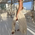 Arina, beżowa   sukienka maxi, długa sukienka na lato, elegancka sukienka z rozcięciem, sukienka z wiązaniem w pasie, sukienka na wieczór, sukienka bestseller,  , modna  , boho , lekka , zwiewna , pleciona , warkocze , głęboki dekolt , na urlop