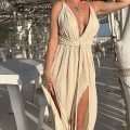 Arina, beżowa   sukienka maxi, długa sukienka na lato, elegancka sukienka z rozcięciem, sukienka z wiązaniem w pasie, sukienka na wieczór, sukienka bestseller,  , modna  , boho , lekka , zwiewna , pleciona , warkocze , głęboki dekolt , na urlop