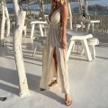 Arina, beżowa   sukienka maxi, długa sukienka na lato, elegancka sukienka z rozcięciem, sukienka z wiązaniem w pasie, sukienka na wieczór, sukienka bestseller,  , modna  , boho , lekka , zwiewna , pleciona , warkocze , głęboki dekolt , na urlop