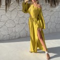 komplet Noa, boho styl, spódnica maxi, krótka bluzka, rozcięcie noga, zwiewna tkanina, letnia stylizacja, wakacyjny look, kobiecy fason, naturalne kolory, styl resort, moda premium, sensualny design, lekka forma, outfit lato