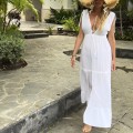 Sukienka Boho Muślin, biała  , Amaya , Długa, rozkloszowana , zwiewna , dekolt v