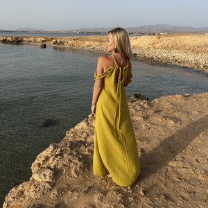 Boho Chic Premium  - TULUM  sukienka maxi ze splotem warkoczy - Złota oliwka 