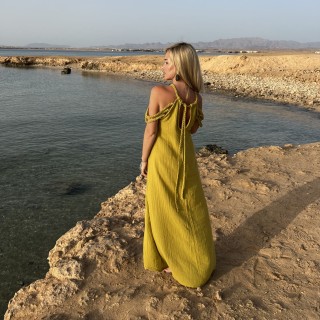 Boho Chic Premium  - TULUM  sukienka maxi ze splotem warkoczy - Złota oliwka 