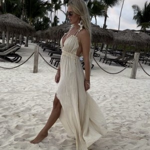 Boho Chic - maxi sukienka Flavia - Piaskowy beż - gołe plecy 