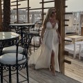 Sukienka Boho Muślin, Beżowa , Flavia, Długa , głęboki dekolt