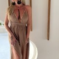 Sukienka Boho Muślin, pralina, Flavia, Długa , gołe plecy , brązowa
