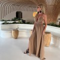 Sukienka Boho Muślin, pralina, Flavia, Długa , głęboki dekolt  , brązowa