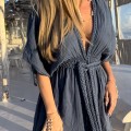 Sukienka Boho Muślin, niebieska , Aurra , Długa , duże rozcięcie , dekolt v , splot warkocza