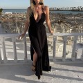 Sukienka Boho Maxi Muślin Bawełna, Czarna, Flavia, V Dekolt , sukienka odkryte plecy