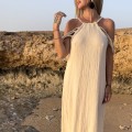 Boho Chic , sukienka , warkocze , opadające ramiona  , sukienka maxi , wiązana  , długa sukienka , zwiewna , muślin , letnia sukienka beżowa