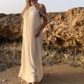 Boho Chic , sukienka , warkocze , opadające ramiona  , sukienka maxi , wiązana  , długa sukienka , zwiewna , muślin , letnia sukienka beżowa