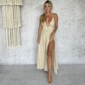 Boho sukienka , długa , wiązana , rozcięcie naturalny materiał , muślin , bambus , beżowa na plaze , na wakacje , beachwear , boho styl , dekolt , otwarte plecy