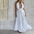 Sukienka Sensual , zwiewna , odkryte plecy ,dekolt , Muślin, Maxi, Wiązana, Boho Sukienka, biała
