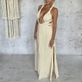 Sukienka Sensual , zwiewna , odkryte plecy ,dekolt , Muślin, Maxi, Wiązana, Boho Sukienka, piaskowy beż , LUMOS