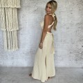 Sukienka Sensual , zwiewna , odkryte plecy ,dekolt , Muślin, Maxi, Wiązana, Boho Sukienka, piaskowy beż , LUMOS
