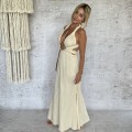Sukienka Sensual , zwiewna , odkryte plecy ,dekolt , Muślin, Maxi, Wiązana, Boho Sukienka, piaskowy beż , LUMOS