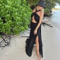 Sukienka Sensual , Leila , zwiewna , sukienka  boho , maxi , długa , na plaże , wiązana , czarna , gole plecy , dekolt , letnia , na urlop , rozcięcie , boho Chic