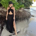 Sukienka Sensual , Leila , zwiewna , sukienka  boho , maxi , długa , na plaże , wiązana , czarna , gole plecy , dekolt , letnia , na urlop , rozcięcie , boho Chic