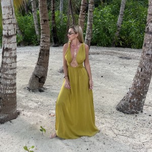 Boho Chic - sukienka LUMOS  maxi wiązana złota oliwka 