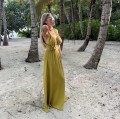 bawełna Beżowa boho bohochic Dekolt V Gole plecy Głęboki dekolt Letnia sukienka maxi modaboho Modna sukienka muslin Na plażę Seledyn Sukienka celebrytek Sukienka na urlop Sukienki Wiązana ZwiewnA