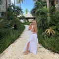 bawełna Beżowa boho bohochic Dekolt V Gole plecy Głęboki dekolt Letnia sukienka maxi modaboho Modna sukienka muslin Na plażę Seledyn Sukienka celebrytek Sukienka na urlop Sukienki Wiązana Zwiewna Biała