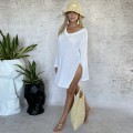bawełna  asymetryczna tkana bambus rękaw kimono narzutka tunika long  Beżowa boho bohochic  Letnia sukienka maxi modaboho Modna sukienka muslin Na plażę biała  Sukienka celebrytek Sukienka na urlop Sukienki  Zwiewna luźna plażowa długi rękaw
